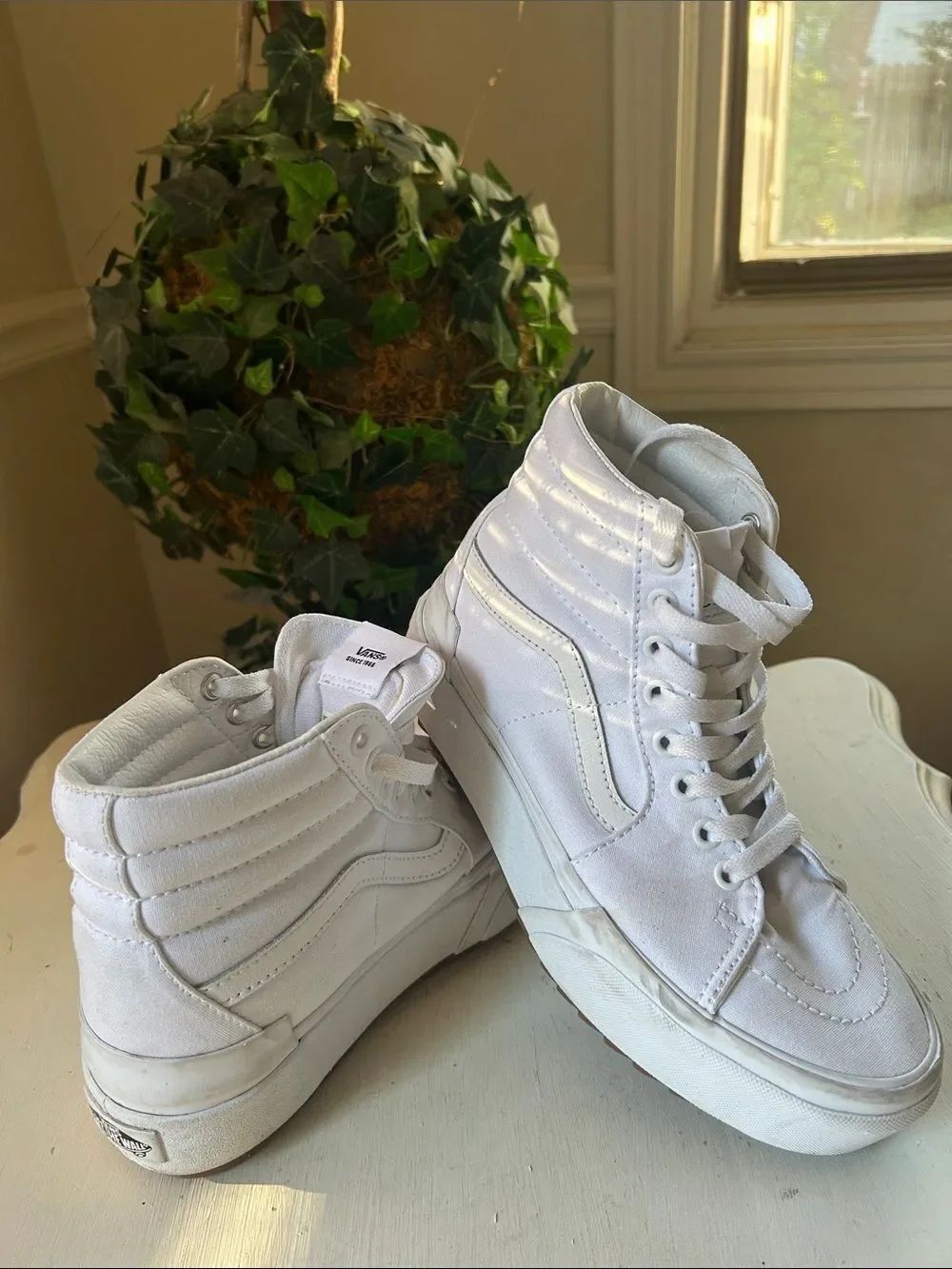 Vans SK 8- Hi Stacked Platform Sneakers in Monochromatic White Colorway. Sz 7